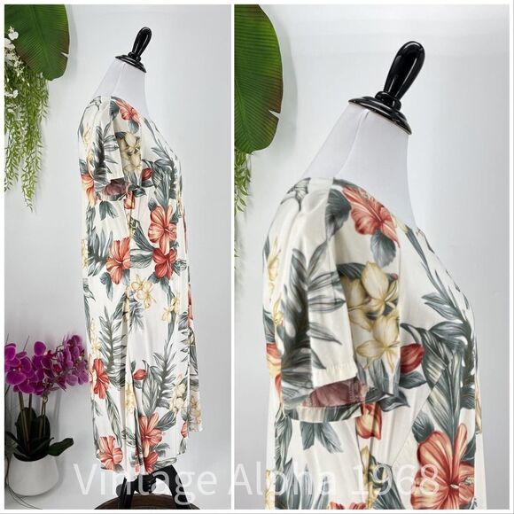 Iolani Hibiscus Orchid White/Green/Yellow Muumuu /Tiki Dress Large - Picture 4 of 6